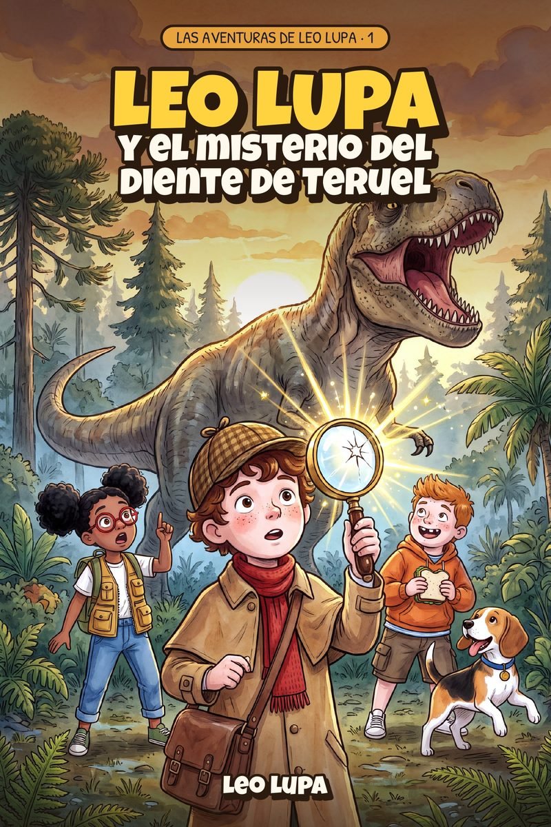 Portada de «Leo Lupa y el misterio del diente de Teruel»: un niño con sombrero de detective y una lupa luminosa, con un tiranosaurio detrás, dos amigos y una perra.