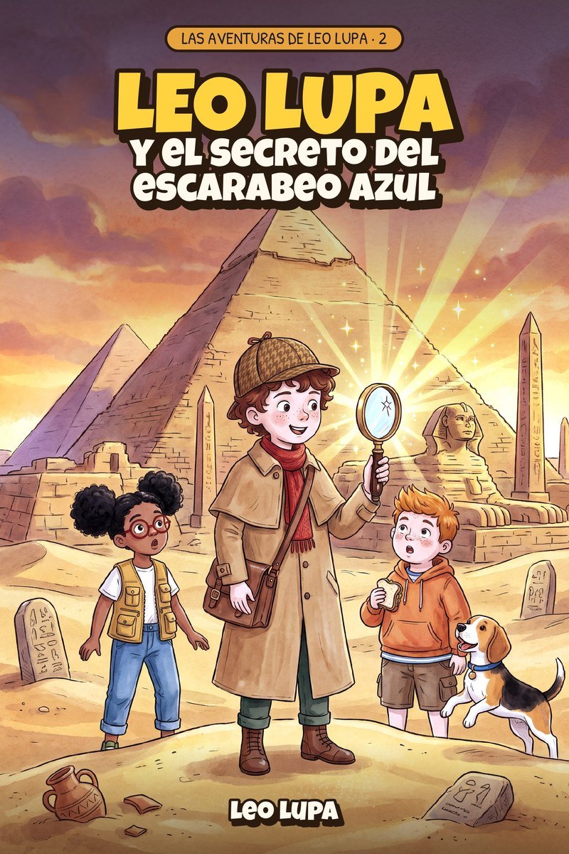 Portada de «Leo Lupa y el secreto del escarabeo azul»: un niño con gorra de detective, gabardina y una lupa luminosa delante de las pirámides y la esfinge, con una amiga, un amigo y una perra.