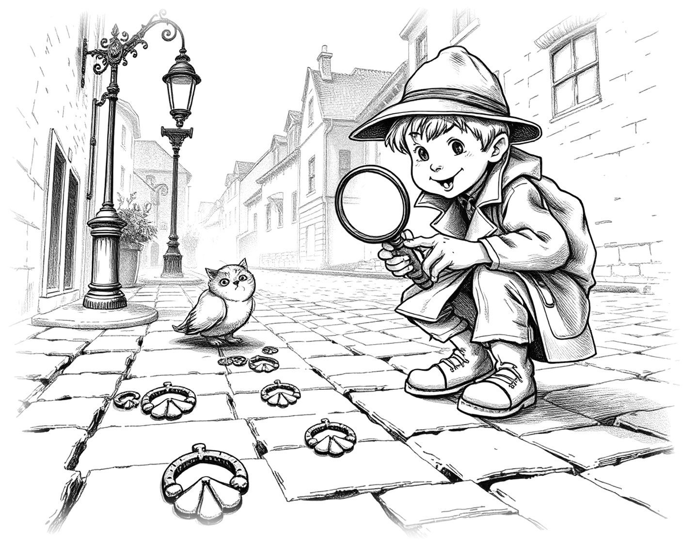 Ilustración a plumilla de un niño detective con sombrero y gabardina que mira con una lupa unas huellas en un callejón empedrado, junto a un búho.