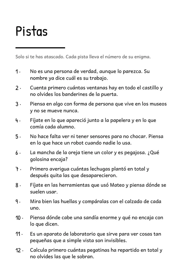 Página 56 del libro: la sección de Pistas, con una pista numerada para cada enigma.