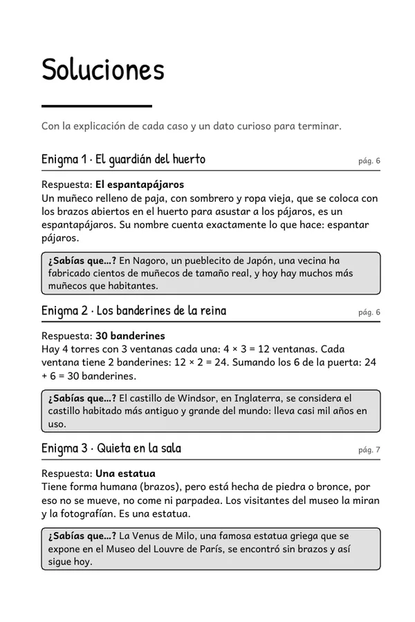 Página 63 del libro: la sección de Soluciones, con la respuesta explicada de cada enigma y un recuadro «¿Sabías que…?».